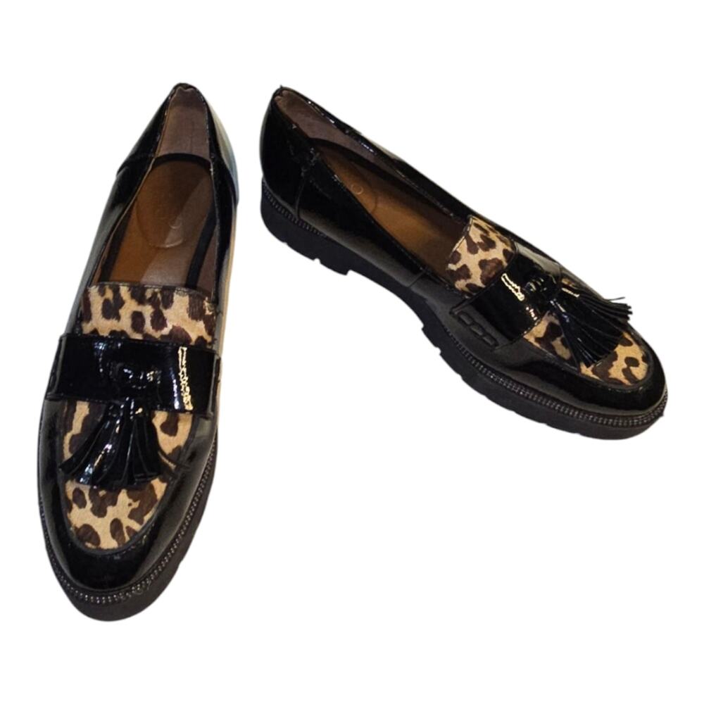 Franco Sarto Black Patent Leather Leopard Print Brody Shoes Loafers Size 9.5